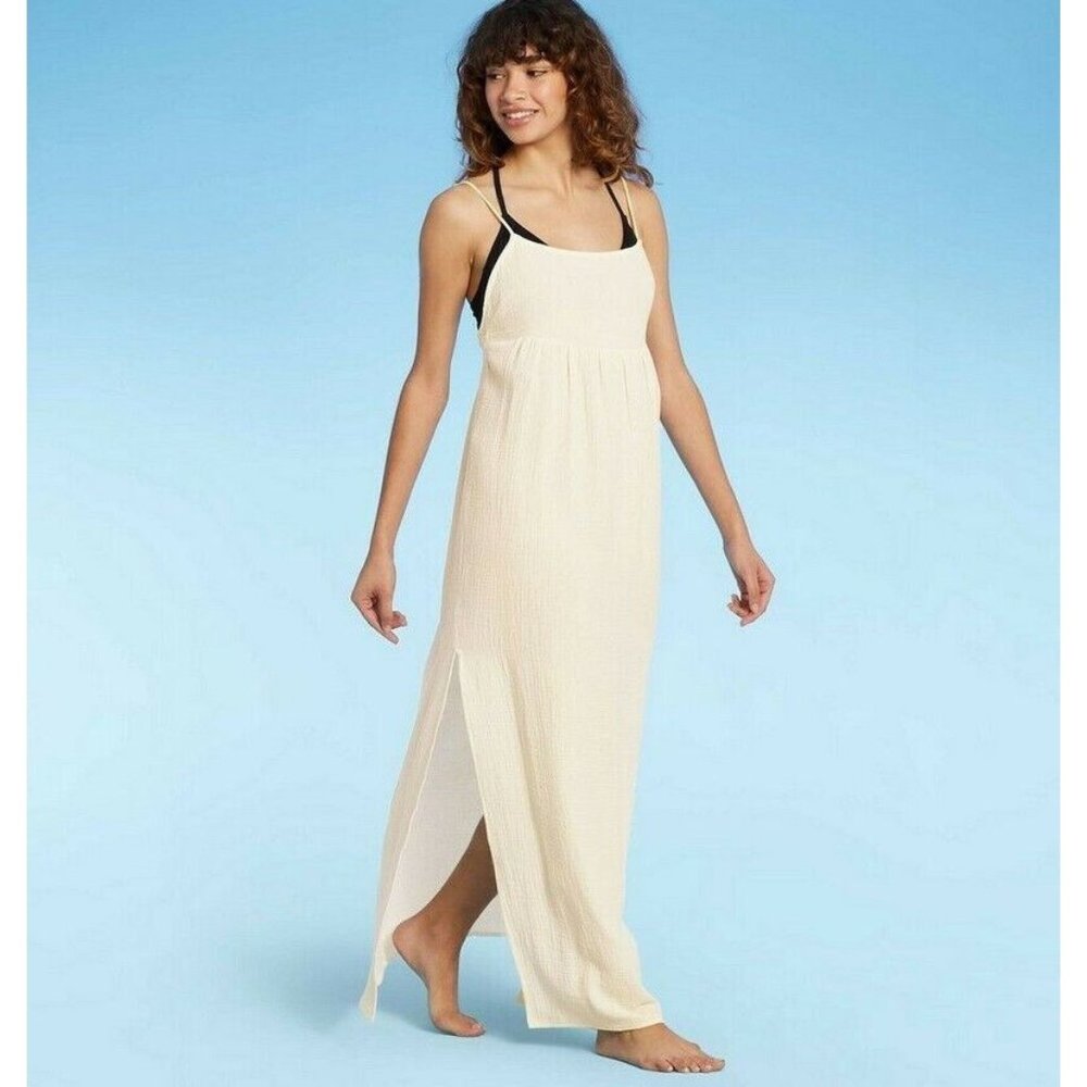 Shade Shore Womens Maxi Cover Up Swim Cotton Beach Dress S 2 4 Cream White Flowy
